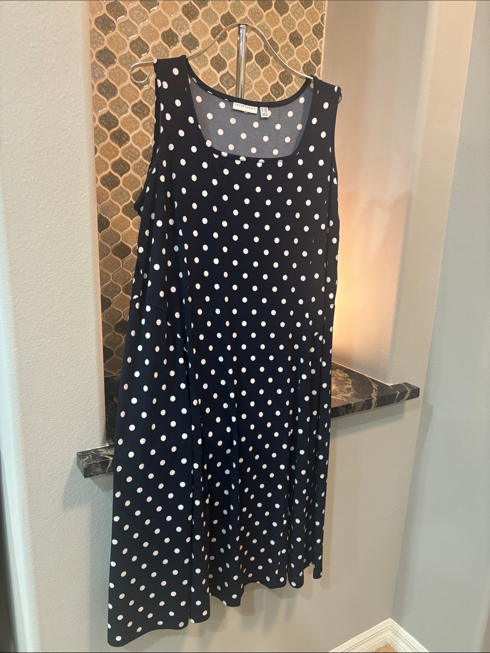 Susan Graver Navy and White Polka Dot Sleeveless A-Line Dress